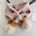 Pink knit baby scarf with cherry pattern, yellow trim, and fluffy beige pom-poms - Pink Cherry (48#)