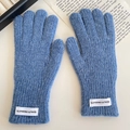 Cozy blue knitted winter gloves for kids featuring a stylish white label and soft texture - Blue