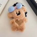 Cute brown plush bear hair tie with blue and pink bow and heart embroidery - Light Coffee