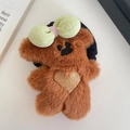 Cute brown plush bear hair tie with green bow and golden heart embroidery detail - Dark Coffee