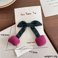 Handmade cherry bow hair clip with dark green fabric and rose red plush berries - 2-Cherry Hair Clip