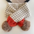 Winter checkered knit scarf for children with pom-poms in cream and brown plaid - Khaki Plaid (34#)