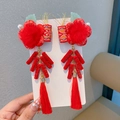 Par de pinzas para el cabello rojas de Año Nuevo Chino con flores de felpa y borlas - Estilo de Borla de Flor y Petardo Rojo (X802)