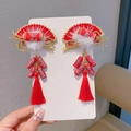 Pinzas chinas de Año Nuevo para el cabello con abanicos rojos y borlas largas - Estilo de Abanico y Petardo Rojo (X802)