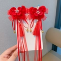 Fermagli per capelli cinesi tradizionali con nastri rossi e nappe per bambine - Stile Farfalla con Nastro Rosso (X802)
