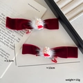 Paire de barrettes à nœuds en velours rouge pour filles avec boules de poils et lapin - Style Lapin Fleur de Pêcher Rouge Foncé