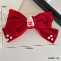 Red velvet New Year bow hair clip with cute bunny charm and faux pearls for girls - Fortune Rabbit Style