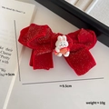 Red velvet bow hair clip with cute cartoon rabbit and golden sparkles for girls - Lucky Carp Rabbit Style