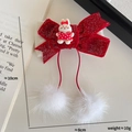 Chinese style red velvet bow hair clip with cute white rabbit and pompom tassels - Bow Rabbit Pom Pom Style
