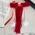 Kids Chinese style red velvet bow hair clip with white bunny doll and long tassels - Lucky Bag Rabbit Bow Pom Pom Style