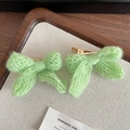 Pair of light green knitted bow hair clips with gold metal alligator clips for women - Green