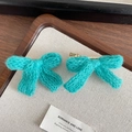 Set of two mint green knitted bow hair clips with soft wool texture for women - Lake Blue