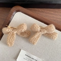 Pair of camel knitted bow hair clips with soft fuzzy texture and gold metal duckbill base - Khaki
