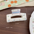 White checkered acrylic hair claw clip with pink bow and floral patterns 7.5cm - Beige Rectangle (X679-2)