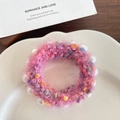 Pink fuzzy plush hair scrunchie with colorful yarn accents and white pearl beads - Pink