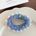 Chouchou en tricot bleu avec points colorés et grandes perles blanches pour femme - Bleu