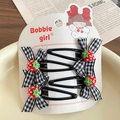 Cute girls hair clips set with black white plaid bows and red strawberry charm - Black Strawberry Hair Clip