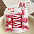 4-piece set of cute red gingham bow hair clips with strawberry cartoon motifs for girls - Red Rabbit Hair Clip