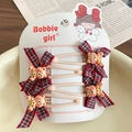 Red plaid bow hair clips with cute 3D teddy bear ornaments on display card - Red Plaid Bear Hair Clip