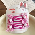 Pink plaid bow hair clips set with cute rabbit and strawberry resin charms - Rose Red Rabbit Hair Clip