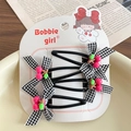 Set of 4 cute girls' BB clips featuring black houndstooth bows and pink cherry charms - Black Cherry Hair Clip