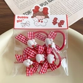 Cute red plaid bow hair clips with white cartoon rabbit charm for little girls - Red Rabbit Hair Tie