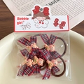 Cute kids hair accessories set with red plaid bows and brown cartoon bears in a bowl - Red Plaid Bear Hair Tie