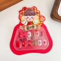 Kids' New Year themed red fake nails with glitter and cute bow patterns in cartoon box - 2-Red Fireworks
