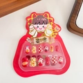 Red press-on nails for kids with cute bunny illustrations and golden lucky patterns - 5-Red Little Rabbit