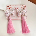 Pinzas para el pelo de mariposa estilo chino con borlas rosas y perlas para niñas - Rosa