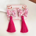 Pinzas para el pelo de mariposa hechas a mano con lentejuelas rosas y borlas de seda - Rosa Rojo