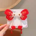 Barrettes papillon rouges avec broderies dorées, pompons blancs et glands perlés - Ensemble Clips Ailes de Papillon Bord Rond