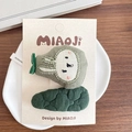 Green handmade fabric hair clips set with embroidered rabbit and quilted texture for girls - Green