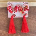 Barrettes papillon chinoises rouges traditionnelles avec de longs pompons pour nouvel an - Papillon Imprimé Rouge Et Rose