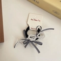 Sweet pearl bow hair tie with black and white plaid ribbons on display card - Black