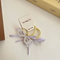 Yellow hair tie with purple plaid ribbon and white pearl bow for ponytail styling - 2-Purple
