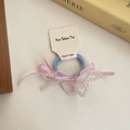 Blue elastic hair tie with pink plaid bow and faux pearl accents on display card - Pink