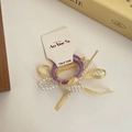 Korean style purple hair tie and yellow plaid ribbon bow scrunchie with pearls - Yellow