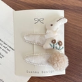 Pluche beige konijn en imitatiebont pompon haarspeldjes set voor meisjes op hout - Wit Konijn Haarclip / Wit