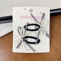 Pair of black oval hair clips with checkered bows and white imitation pearls - Black And White Plaid Ribbon Style / Black