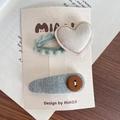 Set di fermagli per capelli per bambini con cuore ricamato bianco e clip ovale grigia - Stile Cuore E Decorazione a Bottone (2-爱心发夹)