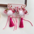 Handmade rose red fan hair clips for girls with silk tassels and plush balls - Rose Red Fan Ribbon