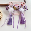 Handmade Chinese style purple fan hair clips with soft fur balls and long silk tassels - Purple Fan Ribbon
