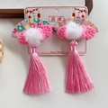 Pink Chinese fan hair clips with tassels and floral patterns for girls' traditional costume - Pink Fan Green Flower