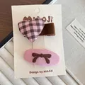 Lot de barrettes à cheveux douces avec cœur à carreaux rose et nœud brodé pour filles - Ensemble de Barrette Coeur