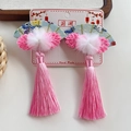 Pink fan-shaped hair clip with long tassels and plush balls for girls in Hanfu style - Pink Fan Blue Flower