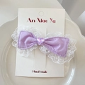 Purple lace bow hair clip with heart crystal center on white display card - Purple Hair Clip