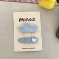 Set of two blue tweed and striped fabric hair clips with embroidered heart pattern - Small Heart Style