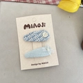 Blue tweed and bow hair clip set with white button decor on display card - White Button Style