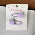 Set of two handmade purple camellia hair clips with chiffon petals and green leaf details - Hair Clip / Purple